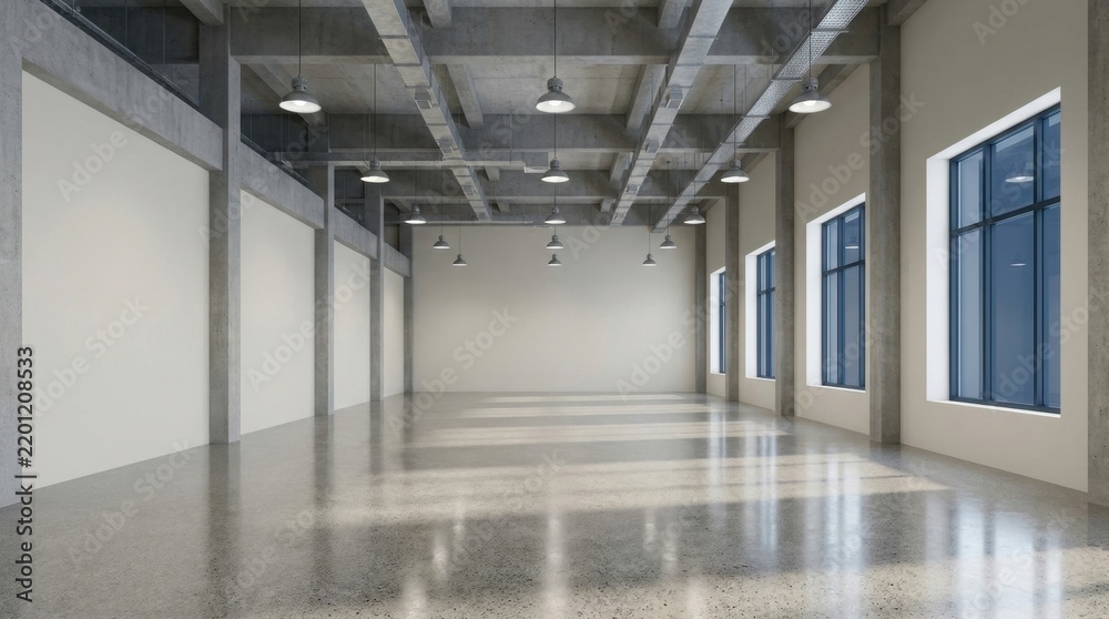 Obraz premium Modern empty industrial warehouse interior with polished concrete floor and large windows.