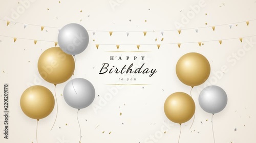 Golden balloons drift upwards around a Happy Birthday banner on a white background birthday celebration festive
