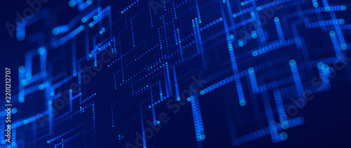 Digital Tech Abstract Circuit Background. Blue Glowing Pixel Circuit Dot Pattern. Data Lines for Tech Innovation, Science Research, Big Data Presentation. Vector Illustration