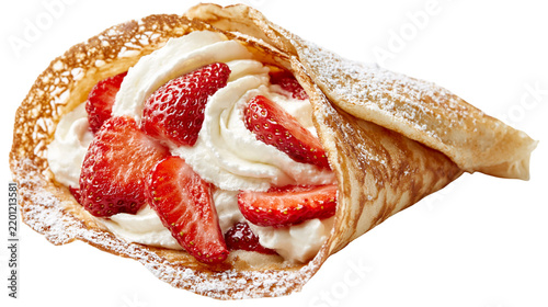 Folded crepe filled with whipped cream and fresh sliced strawberries with sugar