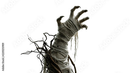 Bandaged mummy hand reaching up with tangled dark tree roots and sharp claws