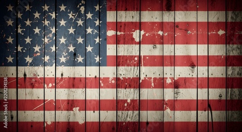 American flag painted on rustic wooden planks with a weathered and distressed texture, creating a vintage patriotic background