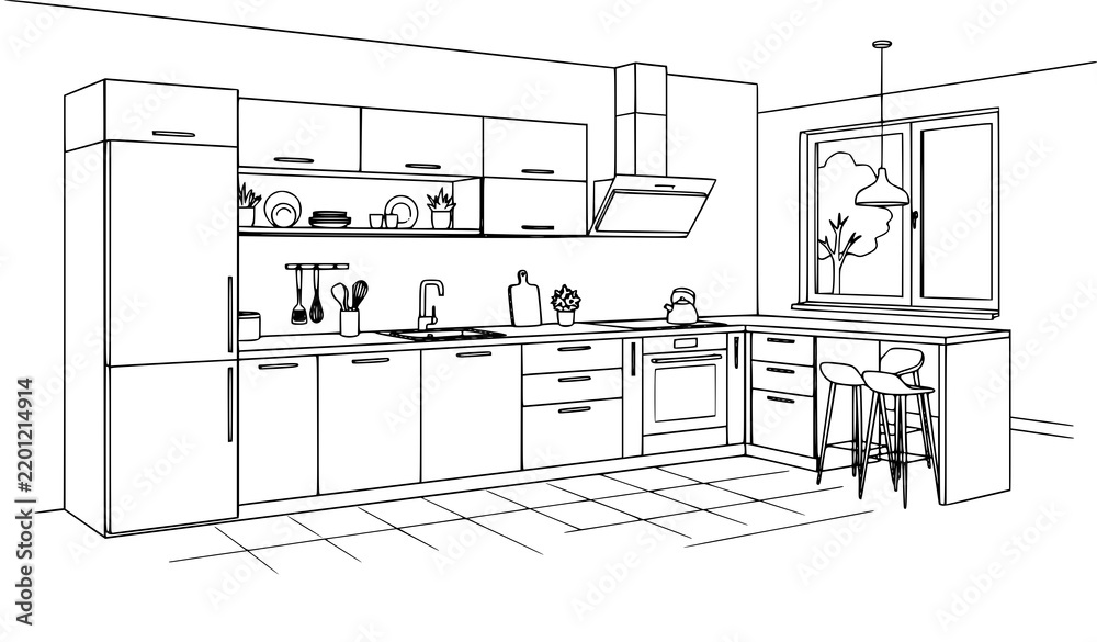 Fototapeta premium Title: Modern Functional Kitchen Interior Design Layout Black and White Line Art