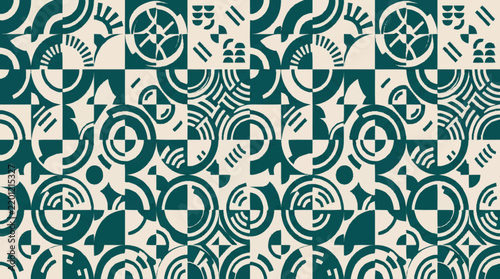 Geometric seamless pattern with teal circular motifs on cream background