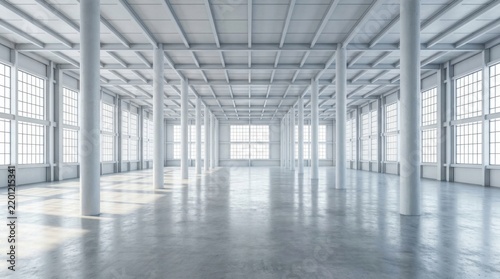 Vast Empty Industrial Warehouse Interior with Natural Light and Columns.