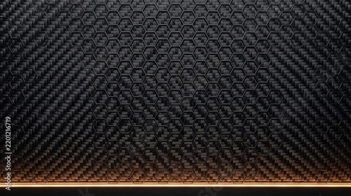Dark Charcoal Hexagonal Carbon Background Template with Subtle Amber LED Accent