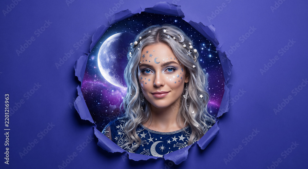 Fototapeta premium Portrait of woman with celestial face paint looking at camera through torn blue paper, moon and stars background, fantasy theme. Astrology, mysticism, magic, cosmic beauty.