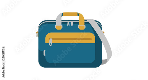 Teal messenger bag with yellow accents is depicted in a flat vector style