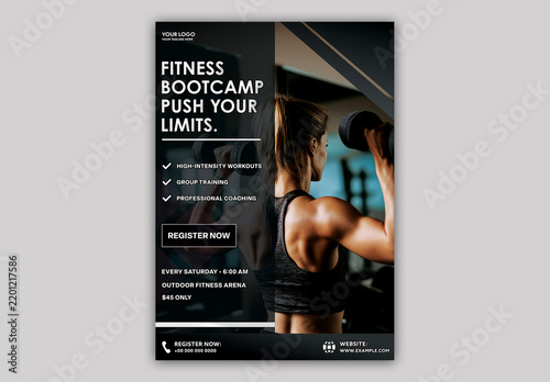 Editable Fitness Bootcamp Flyer Template for Gym and Group Training Promotion.