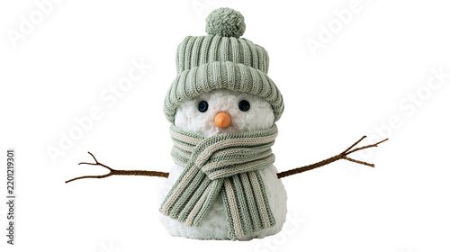 Plush snowman toy wearing a sage green knitted beanie hat and matching scarf