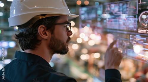 A man wearing a hard hat and glasses looking at a futuristic holographic interface with data. He is touching the screen with his finger, engaged with the technology