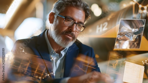 A serious middle-aged businessman with glasses and a beard, looking at a holographic projection with information about hydrogen fuel cells, suggesting innovation in clean energy and technology.