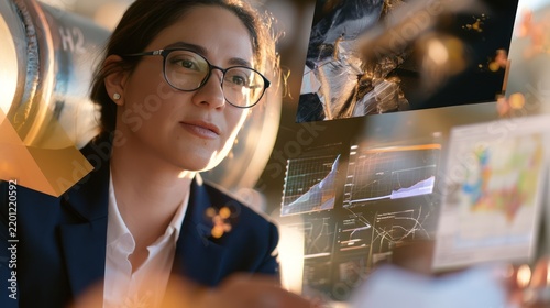 A woman with glasses in a business suit looking at digital charts and graphs. The background shows abstract orange shapes and more digital displays, suggesting technology and data analysis