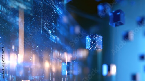 Abstract futuristic digital cubes floating in a blue digital space. Data streams and light effects create a sense of advanced technology and artificial intelligence