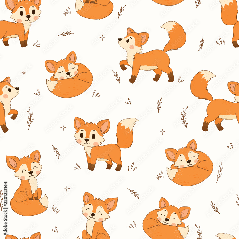 Obraz premium Cute foxes seamless pattern for nursery prints, wallpapers, backgrounds, wrapping papers, textile, stationery, etc. EPS 10