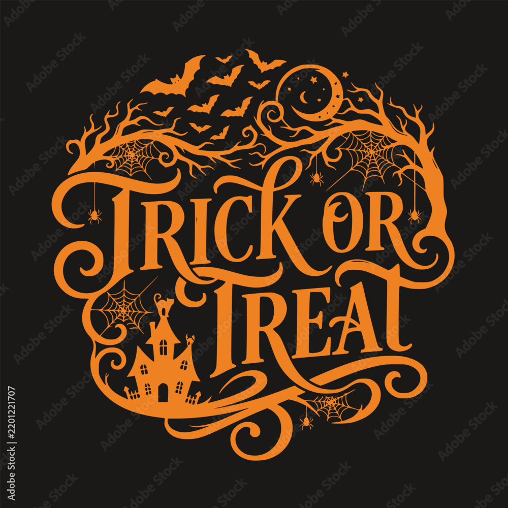 Fototapeta premium ORNAMENT TRICK OR TREAT TYPOGRAPH WITH HORROR HALLOWEEN THEMES