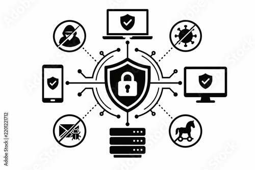 Cybersecurity shield with padlock protecting devices from hacker virus malware and trojan vector illustration on white background 