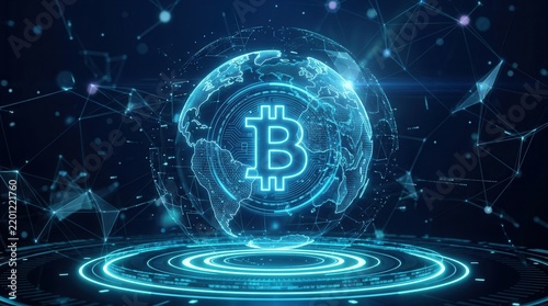 A 3D rendering of a global network connection for digital money exchange and Bitcoin blockchain.