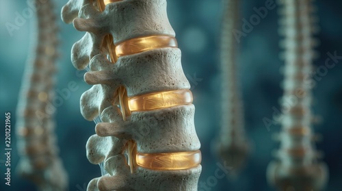 A scientific 3D render of the human spine with vertebral bones and spinal discs.