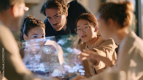 A group of diverse professionals collaborating around a table, engaging with a futuristic holographic display. The interactive technology projects glowing data and charts.