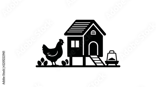 Vector icon featuring a chicken and coop: A minimalist black silhouette illustration depicting farm poultry and housing