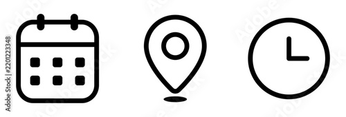 Time date and address icon set. Clock calendar and location icons vector illustration for navigation on website business. 