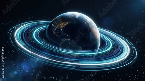 Blue and white glowing holographic rings orbit Earth in this 3D financial rhythm concept.