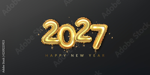 Christmas and New Year background with gold balloon numbers 2027	
