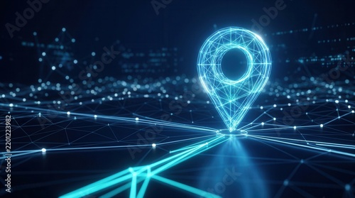 Futuristic network grid featuring a glowing blue location pin for virtual GPS navigation.