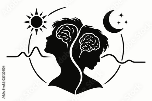 Mood disorder concept dual human head silhouettes with brains sun moon and brainwave lines vector illustration on white background