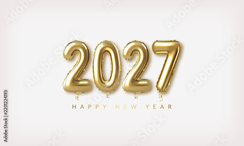 Christmas and New Year background with gold balloon numbers 2027	
