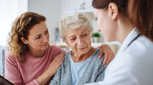 adult daughter accompanying her elderly mother during a healthcare consultation, doctor discussing care options with both, realistic modern clinic, natural expressions