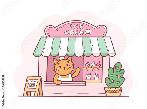 Cute ice cream shop with a cat. Hand drawn kawaii vector illustration for children