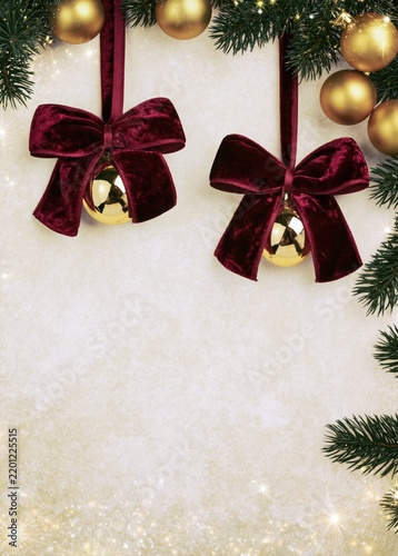 Elegant Christmas background with burgundy velvet bows, gold ornaments, evergreen branches and sparkling lights on a cream backdrop with generous copy space.