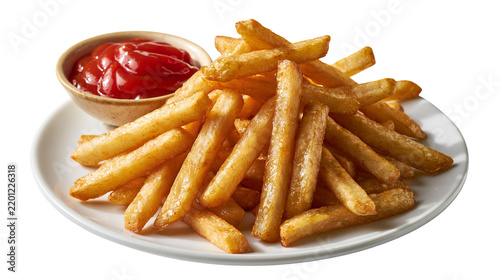 Fotografie Golden crispy french fries on a white plate with a small bowl of red ketchup