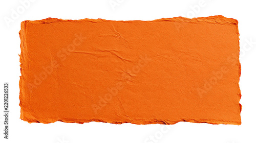 Rectangular piece of vibrant orange handmade paper with rough torn deckle edges