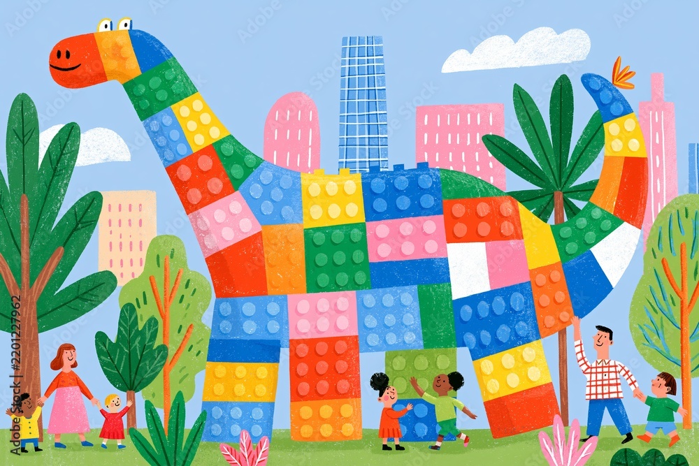 Fototapeta premium Vibrant Cityscape with Multi-Colored Lego Dinosaur and People, Surrounded by Trees and Buildings