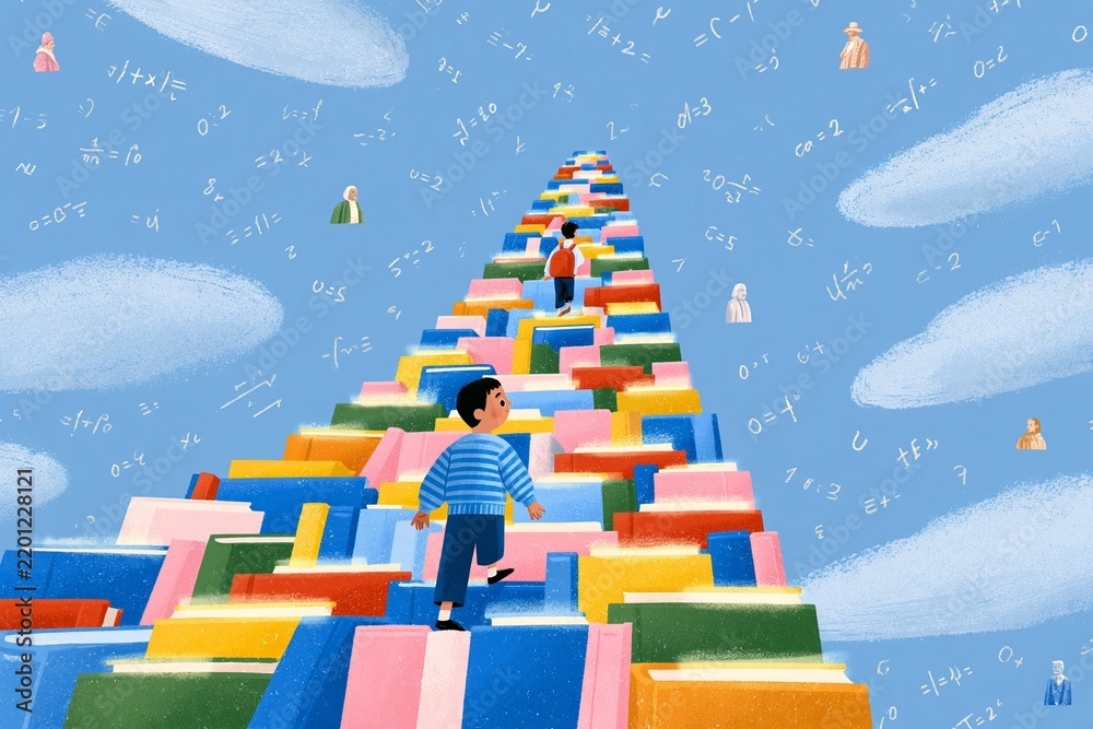 Fototapeta premium Whimsical Journey: A Vividly Colored Character Climbs a Tower of Lego Blocks
