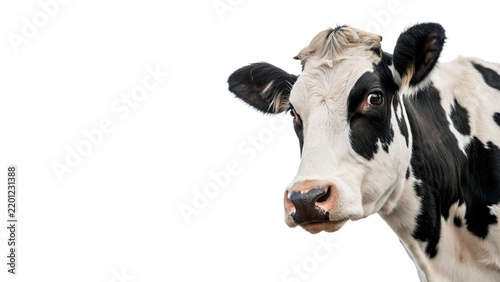 Close up portrait of black and white cow isolated on transparent background