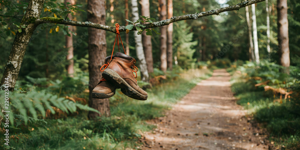 Obraz premium A pair of worn brown leather hiking boots hanging by their orange laces from a thin tree branch in a blurred forest path during the daytime