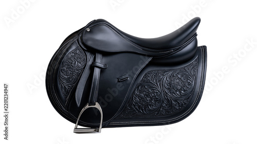 Foto Black leather English horse saddle with intricate floral tooling and metal stirr