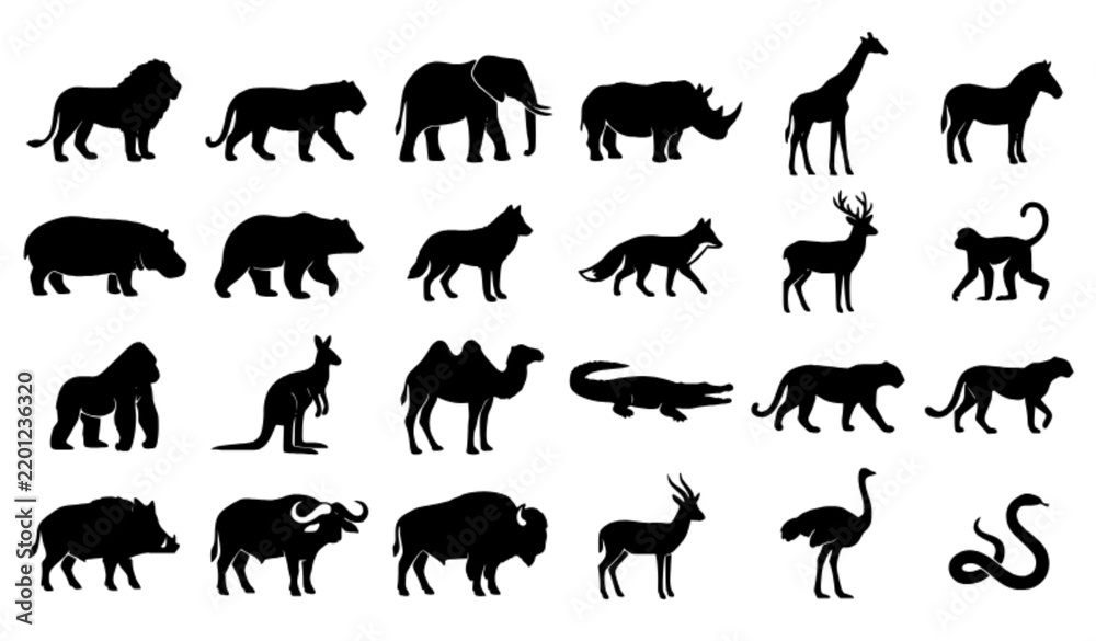 Fototapeta premium Wild Animal Silhouette Icon Collection Black Vector Illustration