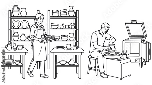 Potter working at wheel with ceramic pottery workshop interior line art design.