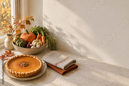 Thanksgiving pumpkin pie and autumn vegetables on window ledge, holiday dinner still life