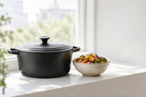 Cast iron pot and bowl of roasted vegetables on window ledge, rustic home cooking concept