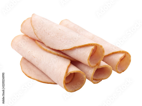 Rolled slices of deli turkey isolated on transparent background