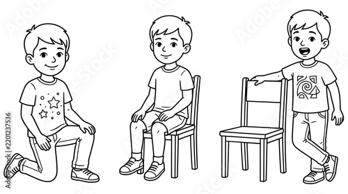 Three boys showing different sitting and standing poses for character design.