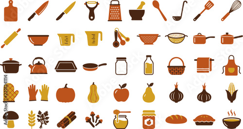 Autumn Kitchenware Cooking Tools Thanksgiving Culinary Preparation Flat Vector Icon Set Isolated on White Background