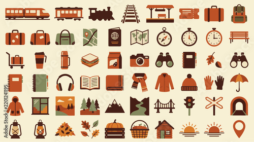 Autumn Train Travel Railway Journey Transport Vacation Flat Vector Icon Set Isolated on Cream Background