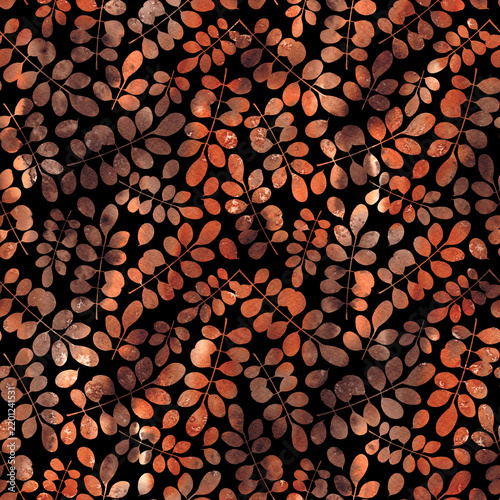 Autumn leaves and watercolor textured background. Elegant design with an terracotta color palette, perfect for fabric, wallpaper, stationery, packaging and home decor.